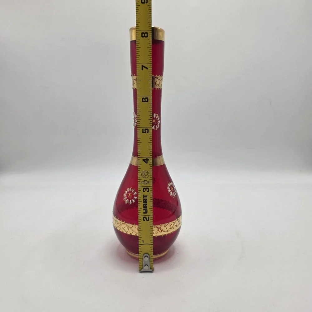 Vintage Ruby Red Glass Bud Vase Gold Enamel Floral Bohemian Style‎ 8in